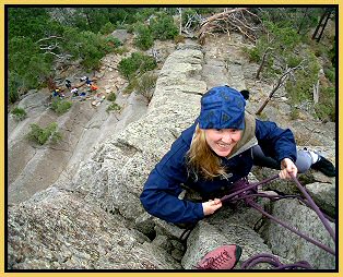 Climbing School student Kathy follows her dreams!!
					
					Rock Climbing Guides and Climbing School at Devils Tower Lodge, a Wyoming Bed & Breakfast accommodation at Devils Tower, Wyoming. Learning to Rock Climb with a Climbing Guide at Devils Tower Natioanl Monument.